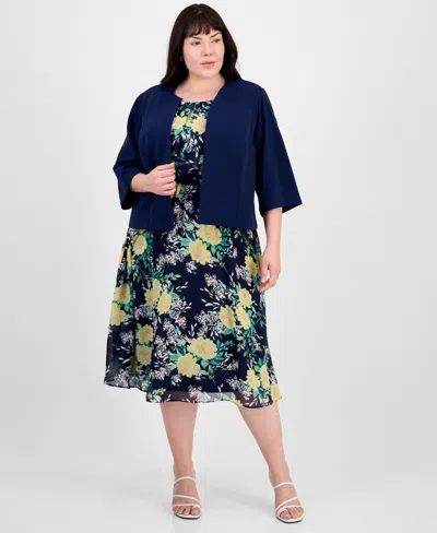 Sandra Darren Plus Size 2-pc. Open-front Jacket & Floral Dress Set In Navy Multi