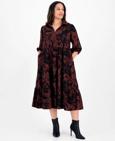 Sandra Darren Plus Size 3/4-sleeve Tiered Midi Dress In Brown