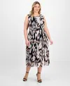 Sandra Darren Plus Size Belted Printed Sleeveless Midi Dress