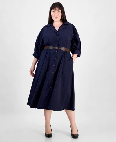 Sandra Darren Plus Size Button-down 3/4-sleeve Belted Dress In Navy