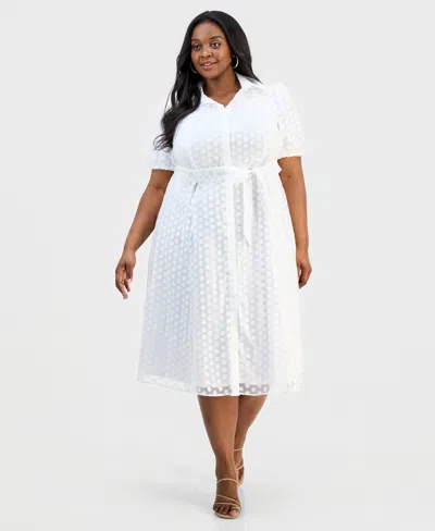 Sandra Darren Plus Size Clip Dot Puff-sleeve Midi Shirtdress In White