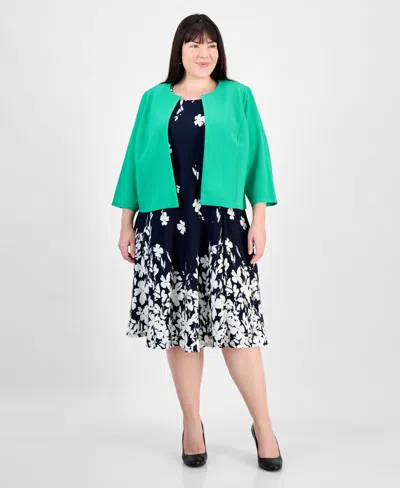 Sandra Darren Plus Size Floral-print Textured 2-pc. Jacket Dress In Navy Green