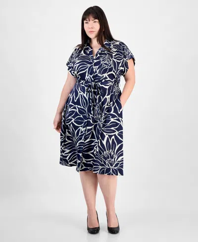 Sandra Darren Plus Size Floral-print Tie-waist Satin Midi Dress In Navy Ivory