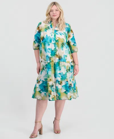 Sandra Darren Plus Size Linen Split-neck Midi Dress In Multi