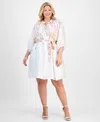 Sandra Darren Plus Size Placed-floral Tie-waist Shift Dress In White