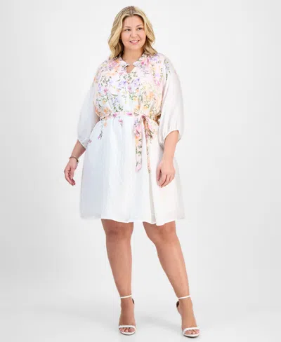 Sandra Darren Plus Size Placed-floral Tie-waist Shift Dress In White