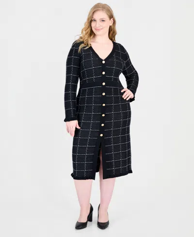 Sandra Darren Plus Size Plaid Button-front V-neck Midi Sweater Dress In Black