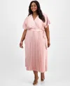 Sandra Darren Plus Size Pleated Tie-waist Flutter-sleeve Dress In Blush