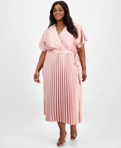Sandra Darren Plus Size Pleated Tie-waist Flutter-sleeve Dress In Blush