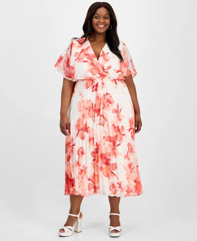 Sandra Darren Plus Size Printed-chiffon Flutter-sleeve Dress In Ivory Coral