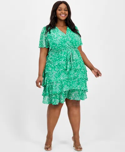 Sandra Darren Plus Size Printed Chiffon Tie-waist Flutter-sleeve Dress In Green White