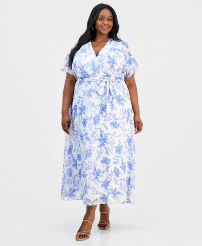 Sandra Darren Plus Size Printed Flutter-sleeve Maxi Dress In Blue