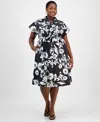 Sandra Darren Plus Size Printed Short-sleeve Shirtdress In Black
