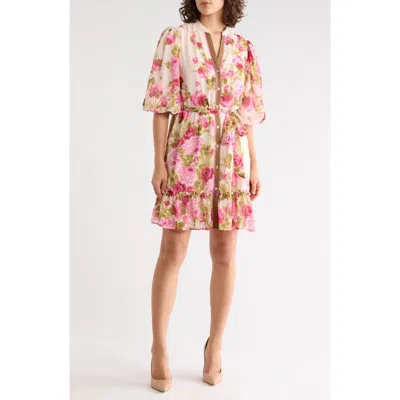 Sandra Darren Puff Sleeve Tiered Shirtdress In Pink