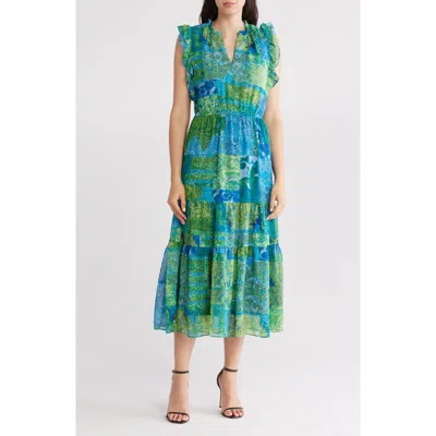 Sandra Darren Ruffle Sleeveless Tiered Midi Dress In Blue/green
