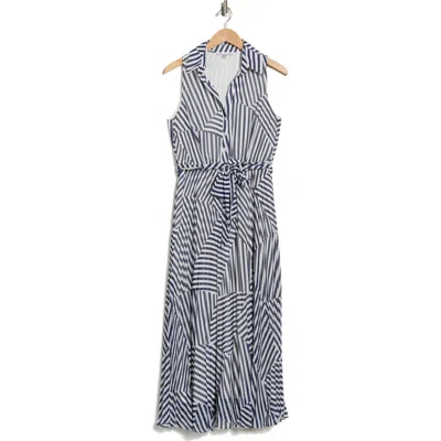 Sandra Darren Stripe Sleeveless Pleated Shirtdress In Blue