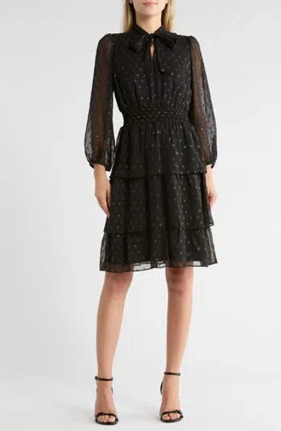 Sandra Darren Tie Neck Long Sleeve Smocked Midi Dress In Black