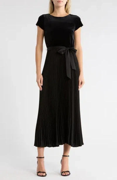 Sandra Darren Velvet Bodice Pleated Midi Dress In Black