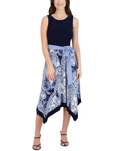 Sandra Darren Womens Handkerchief Hem Polyester Midi Dress In Blue