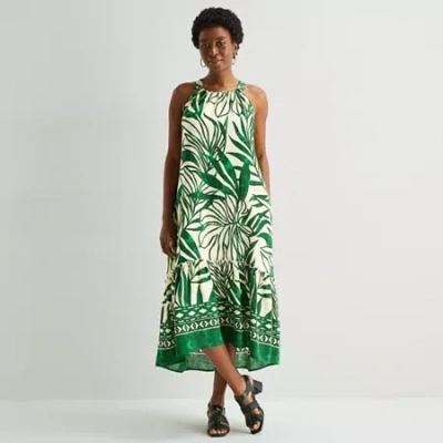 Sandra Darren Womens Midi Round Neck Sleeveless Leaf Shift Dress In Green