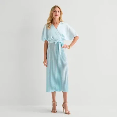 Sandra Darren Womens Petite V Neck Short Sleeve Flutter Maxi Dress In Blue
