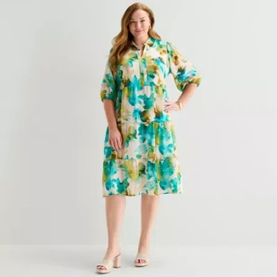Sandra Darren Womens Plus 3/4 Sleeve Midi Abstract Shirt Dress In Green