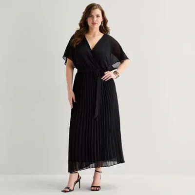 Sandra Darren Womens Plus V Neck Short Sleeve Flutter Maxi Dress In Black