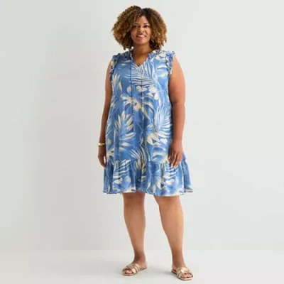 Sandra Darren Womens Plus V Neck Sleeveless Floral Shift Dress In Blue