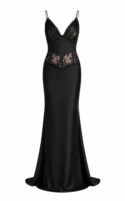 Sandra Mansour Desire Satin Lace Maxi Dress In Black
