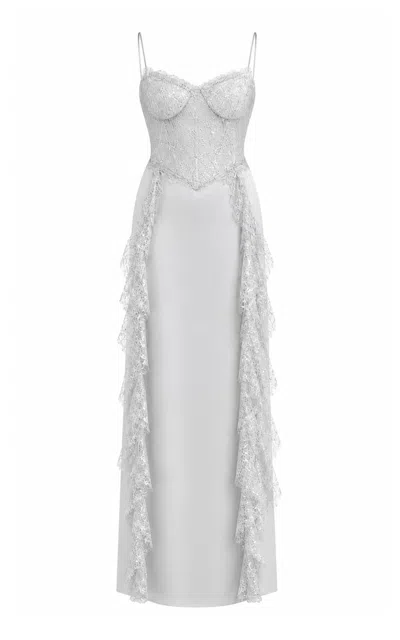 Sandra Mansour Memory Satin Lace Maxi Dress In Off-white