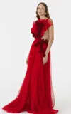 Sandra Mansour Shadowed Mist Pleated Tulle Gown In Red