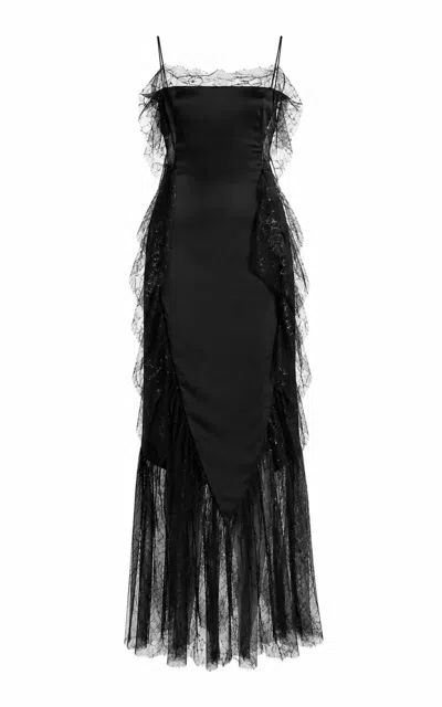 Sandra Mansour Shadowplay Satin Lace Maxi Dress In Black