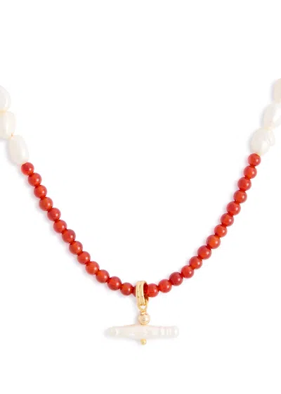 Sandralexandra Pearl T-bar And Stone 18kt Gold-plated Necklace In Red