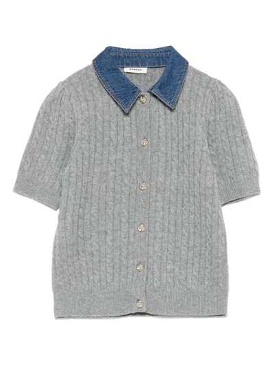 Sandro Womens Grey Denim-collar Short-sleeve Wool And Cashmere-blend Cardigan In Gray