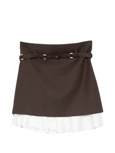 Sandro Allison Ruffle-trim Belted Wool Skirt In Brown