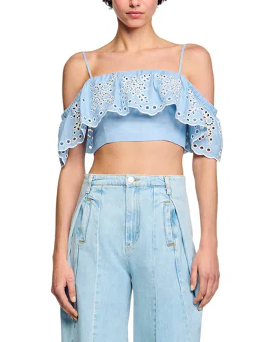 Sandro Cold-shoulder Cropped Broderie Anglaise Linen-blend Top In Blue