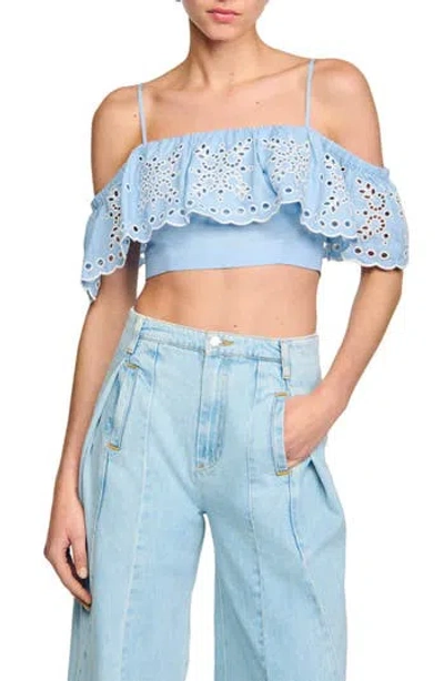 Sandro Alon Ruffle Eyelet Cold Shoulder Crop Top In Blue
