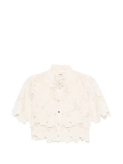 Sandro Ame Cropped Floral Guipure Lace Shirt In Neutral