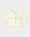 Sandro Short-sleeved Tweed Jacket In Ecru / Pink