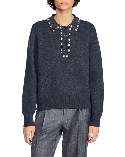 Sandro Antonia Embellished Polo Collar Sweater In Gray