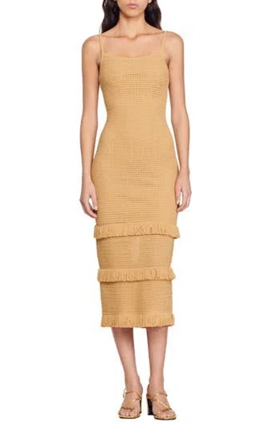 Sandro Anvers Crochet-knit Midi Dress In Camel