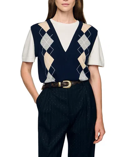 Sandro Argyle Layered Look Sweater Vest Top In Blue