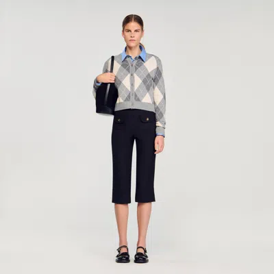 Sandro Womens Grey Argyle Round-neck Wool And Cashmere-blend Cardigan In Gray