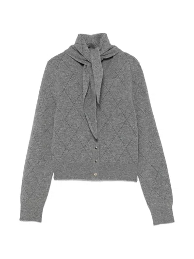 Sandro Argyle-knit Scarf-detail Wool Cardigan In Gray