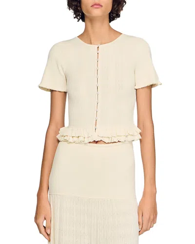 Sandro Arianna Ruffled Knit Cardigan In White