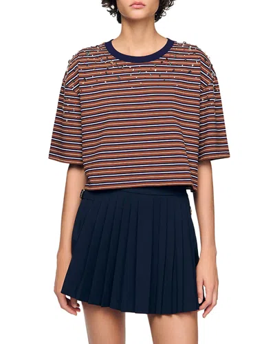 SANDRO STRIPED RHINESTONE TEE