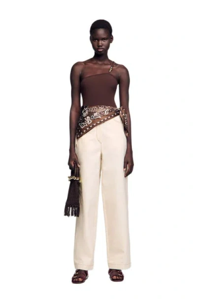 Sandro Asymmetric Leotard With Bead Detail In Brown