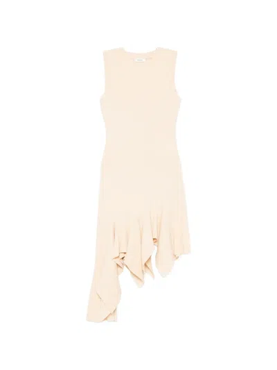 Sandro Asymmetric Ruffled Knitted Mini Dress In Neutral