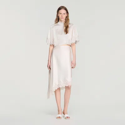 Sandro Asymmetrical Satin Skirt With Lace In White