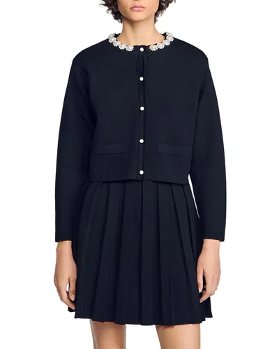 Sandro Aubrey Embellished Cropped Cardigan In Blue